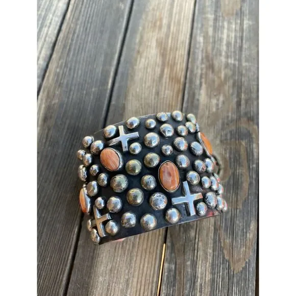 Navajo Sterling Silver & Orange Spiny Cross Bracelet By Chimney Butte Signed